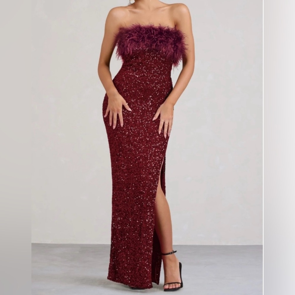 NWT Club London Burgundy Red Sequin and Feather High Slit Dress Size US 4
